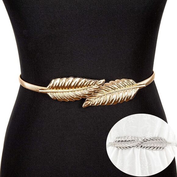 ✨🍃 Leaf Buckle Stretchy Elastic Greek Goddess Gold Silver Metal Dress Belt NEW - Picture 1 of 16